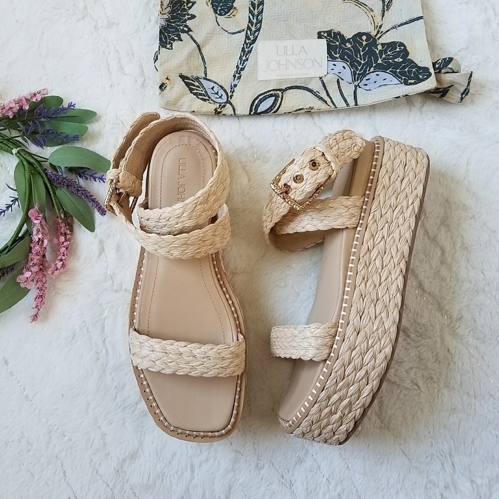 ULLA JOHNSON Gemma Raffia Ankle-Strap Flatform Sandals